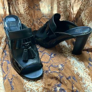 Leather Peep Toe Heeled Mules